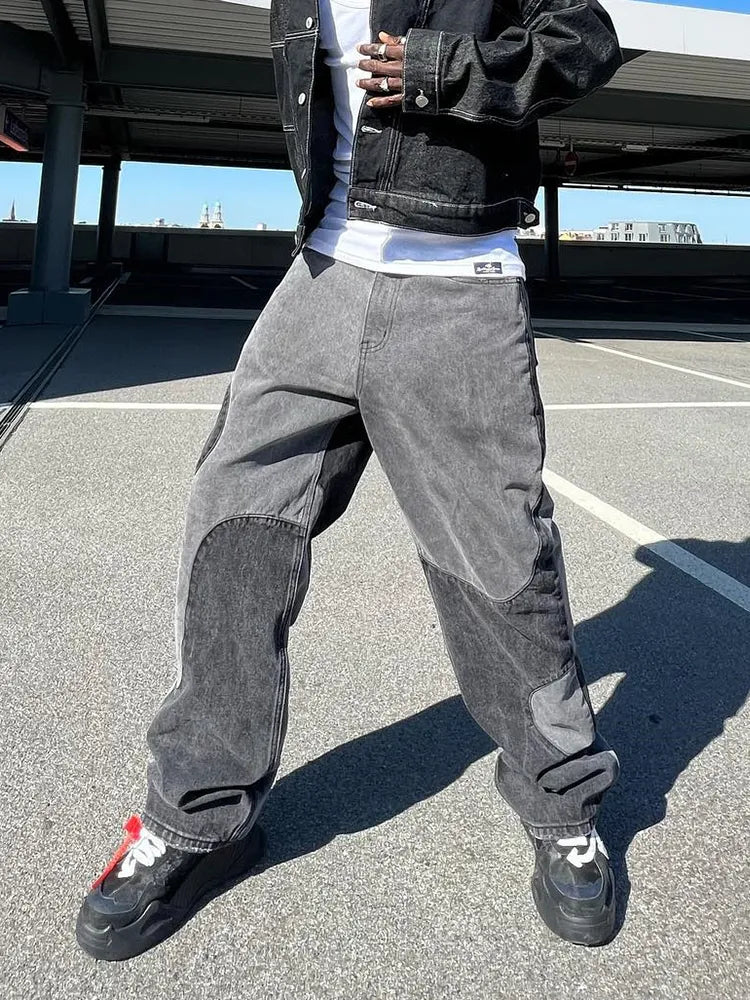 Baggy Jeans Y2K Hombre Design Gray Spliced Denim Pants Loose Jean Trousers Vaqueros Patchwork Straight Jeans For Men