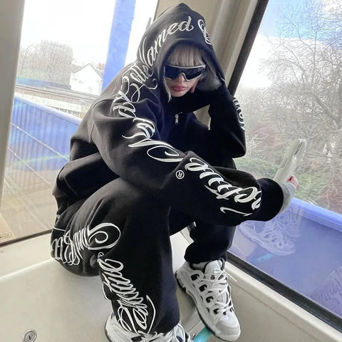 American Winter Sweatshirt Y2k Gothic Hip Hop Couple Hoodies Print Harajuku Zip Up Oversized Punk Grunge Black Jacket