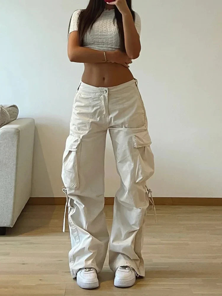 Voguable  Cargos Style Parachute Pants Low Waist Joggers Harajuku Pockets Baggy Wide Leg Trousers y2k Streetwear Casual