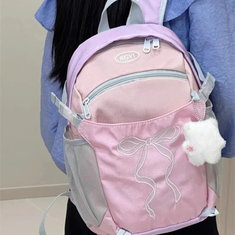 Students Travel Bags Patchwork Contrast Color Schoolbags Preppy Chic Kawaii Bow Embroidery Backpacks Y2k Aesthetic Fashion