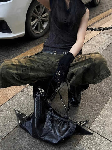 American Vintage Japanese 2000s Camo Jorts Jean Shorts Knee Length Denim Pants Y2k Streetwear Harajuku Punk Baggy