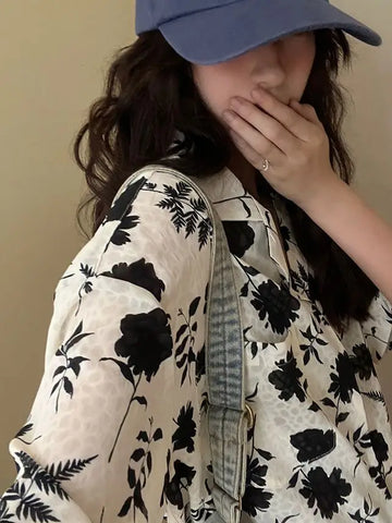 Retro loose casual temperament printed short-sleeved shirt for in lazy slim versatile floral shirt casual y2k tops