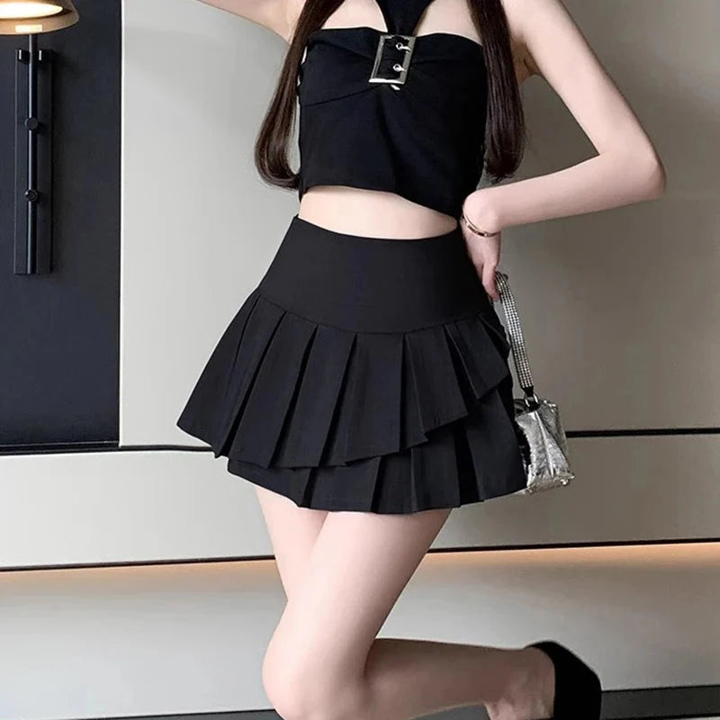 Irregular Pleated Skirt Y2K High Waist Preppy Mini Skirts FeKorean Chic Patchwork Jk Skirts with Shorts New