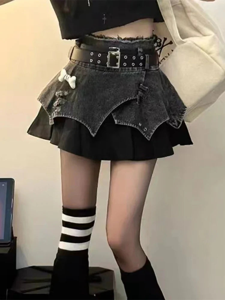 Korean Hotsweet Vintage Contrast Stitching Mini Denim Skirt High Waisted Slim Jeans Skirt Y2K Streetwear