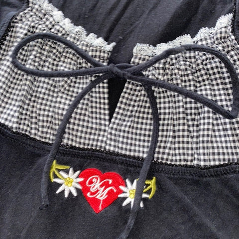 Voguable  Vintage Kawaii Bow Embroidery Mini Dress Patchwork Square Collar Short Sleeve Black Dress Retro Y2K Aesthetic Fairy Clothes