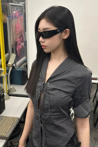 Vintage Coquette Blouses Korean Style Punk Streetwear Striped Print Bandage Hollow Out Slim Shirts Y2k