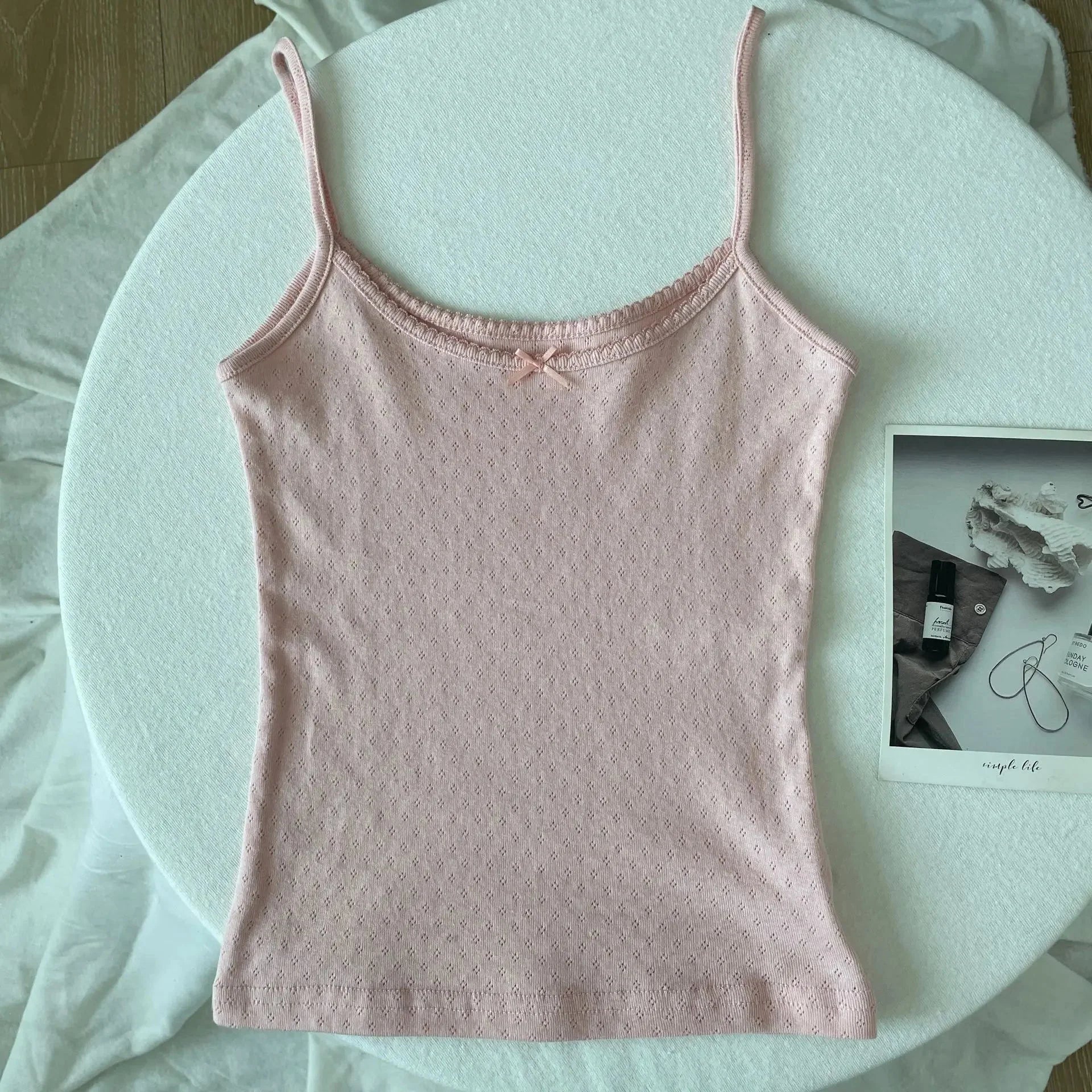 Floral Eyelet Bow Cotton Crop Tops Lace Trim Sleeveless Slim Tank Top Preppy Style Sweet Camisole Y2k Clothes
