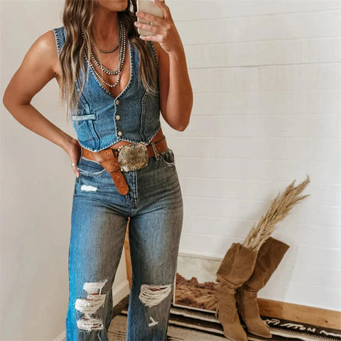 Denim Tank Tops for Solid Color V Neck Single Breasted Sleeveless Jeans Vest y2k Waistcoat Streetwear