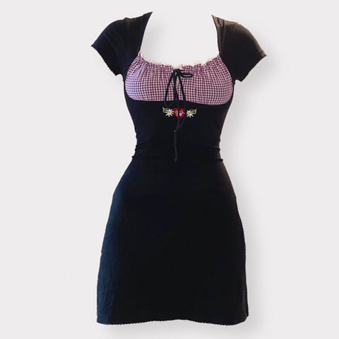 Voguable  Vintage Kawaii Bow Embroidery Mini Dress Patchwork Square Collar Short Sleeve Black Dress Retro Y2K Aesthetic Fairy Clothes