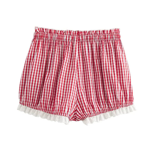 Cute Lace Trim Plaid Shorts Low Waist Y2k Pajamas Short Pants Casual Homewear