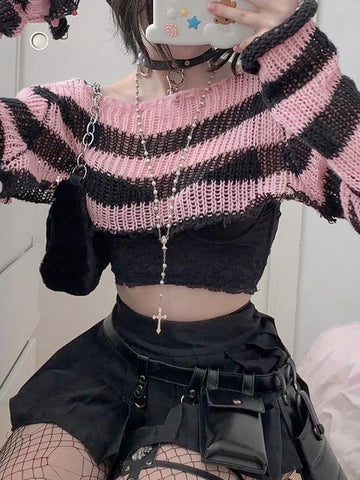 Voguable  Pink Contrast-paneled Crop Smock Top Y2K Aesthetic Cute Knitted Long Sleeve Pullover for Sweater Vintage Clothes