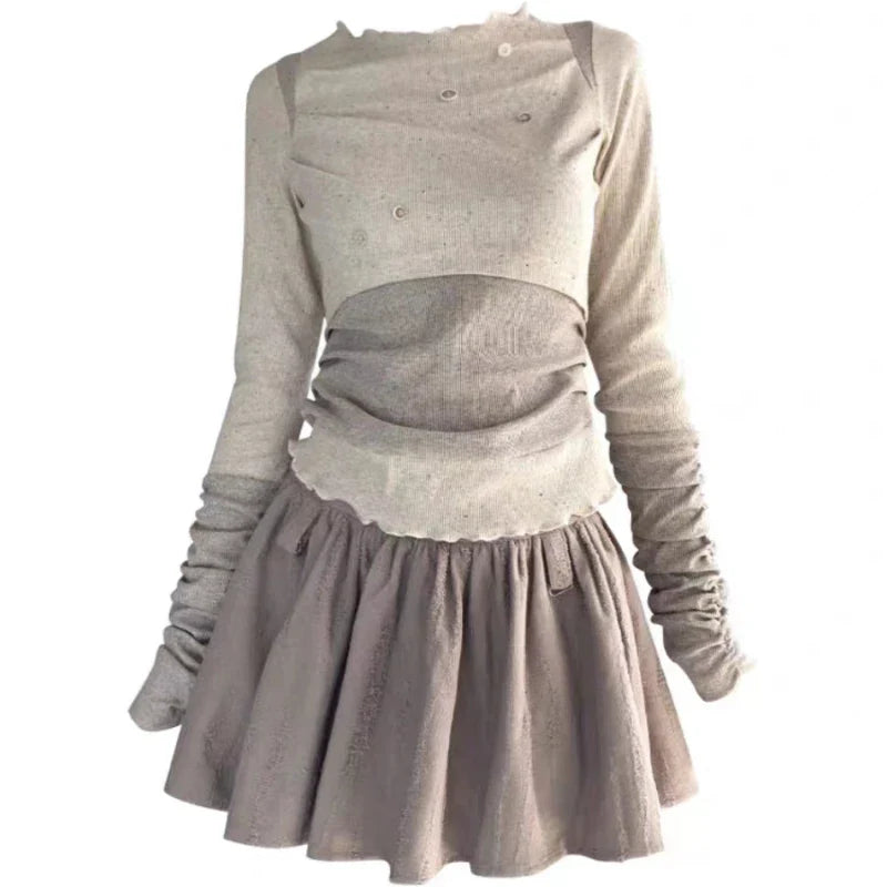 Voguable Elegant Casual Outwear 2 Piece Skirt Set Woman Slim Bodycon Knitted Blouse + Sweet Y2k Mini Skirt Suit Chic