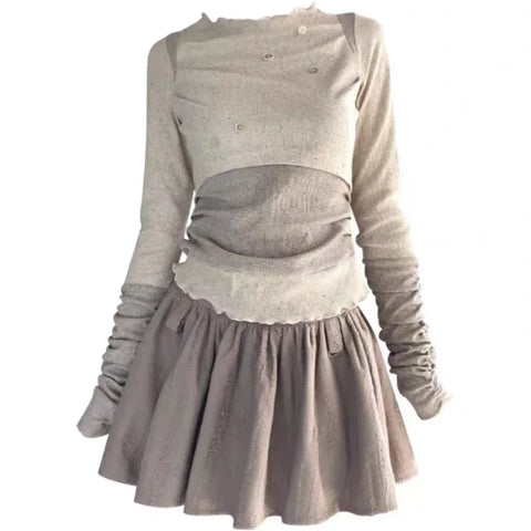 Voguable Elegant Casual Outwear 2 Piece Skirt Set Woman Slim Bodycon Knitted Blouse + Sweet Y2k Mini Skirt Suit Chic