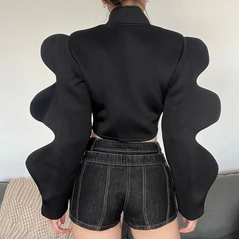 Streetwear Turtleneck Shirts For Long Sleeve Buttons Crop Tops Baggy Black Y2K Design Shirt Female