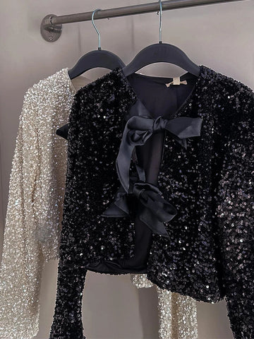 Holiday Tie-front Sequined Jacket For Y2K Shiny Chic Cropped Coat FeElegant Long Sleeve Lady Party Outerwear