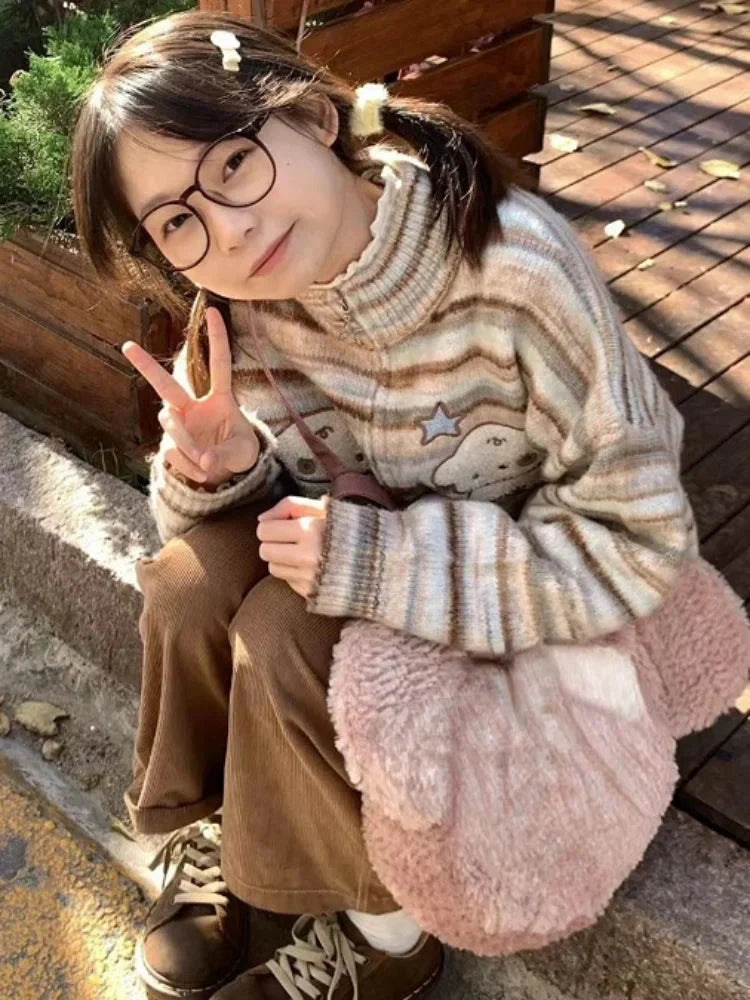 Y2k Aesthetic Japanese Knit Cardigan Kawaii Dog Embroidery Harajuku  Femme Striped Preppy Zipper y Womens