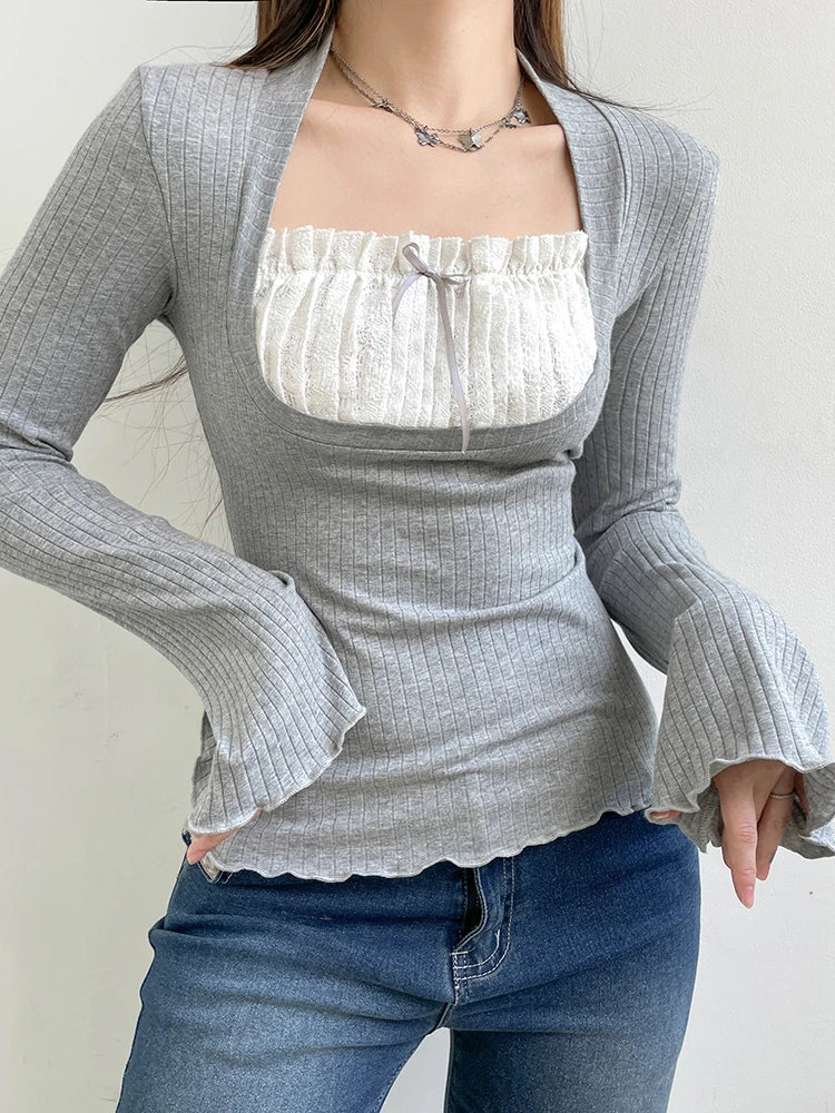 Voguable  y2k Lace Patchwork Fake Two Piece T-shirt Fairycore Flare Long Sleeve Tops Casual Kawaii Clothes Korean Shirt