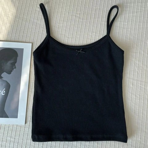 Floral Eyelet Bow Cotton Crop Tops Lace Trim Sleeveless Slim Tank Top Preppy Style Sweet Camisole Y2k Clothes