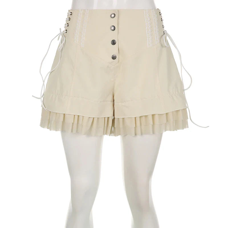 Voguable  Sweet Mesh Tiered Ruffle Shorts Skirts Khaki Wide Form Side Bandage Cute Pants Lolita Style Soft Girls Shorts Y2K