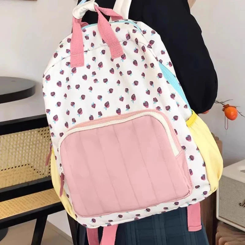 Japanese Kawaii Cute Strawberry Print Backpack Sweet Y2k Schoolbags Preppy Contrast Color Backpacks for Students
