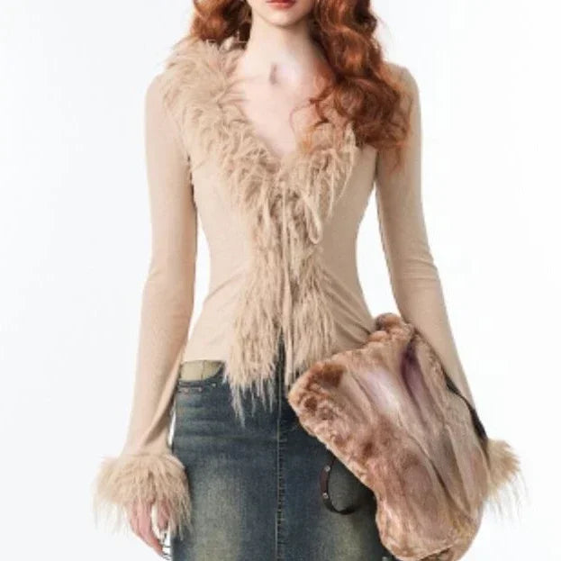 Y2k Aesthetic V-neck Jacket Korean Cardigan  Harajuku Vintage Bandage Fur Patchwork Coat Chic