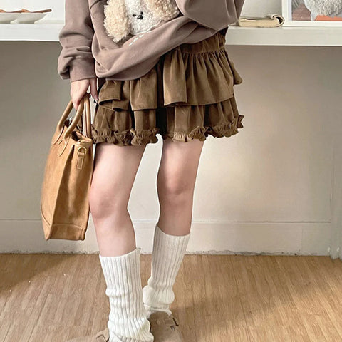 Voguable 90s Winter Ruffle Brown Kawaii Lolita Pleated Skirt Fairy Y2k Mini Skirt FeKorean Cute Mini Cake Casual Skirt