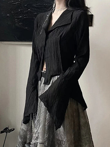 Voguable  Gothic Harajuku Black Shirt Vintage Long Sleeve Y2K Blouse Casual American Retro Irregular V Neck Loose Tops Spring