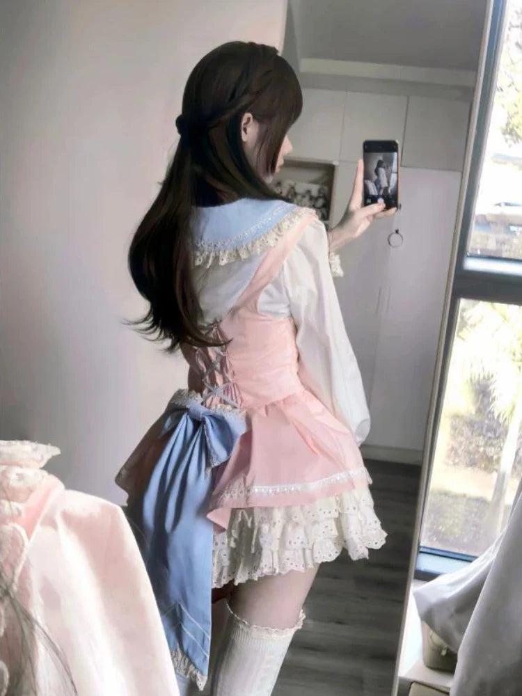Voguable Kawaii Japanese Style 2 Piece Set Casual Blouse + Sweet Pink Y2k Mini Skirt Lace Lolita Suit Woman Design New