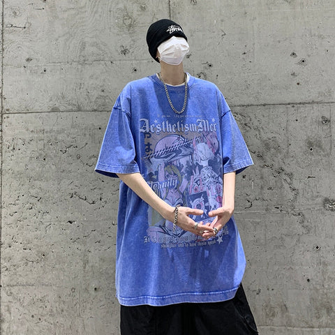 High Street  American Short Sleeve T-shirt Graffiti Loose Washed Trend Y2k Casual Top Tshirt Streetwear Cotton Tees