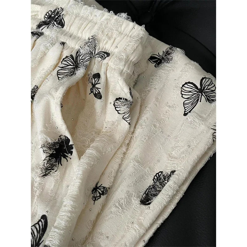 High Waist Wide Leg Pants Loose Butterfly Print FeCasual Pants Y2K Korean Drawstring Floor Length Trousers