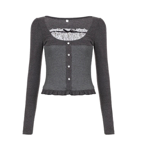 Voguable  Y2K Polka Dot Print Contrast Patchwork Knitted Tops Grey Cute Bow T-shirts Slim-fit Long Sleeve Knitwear