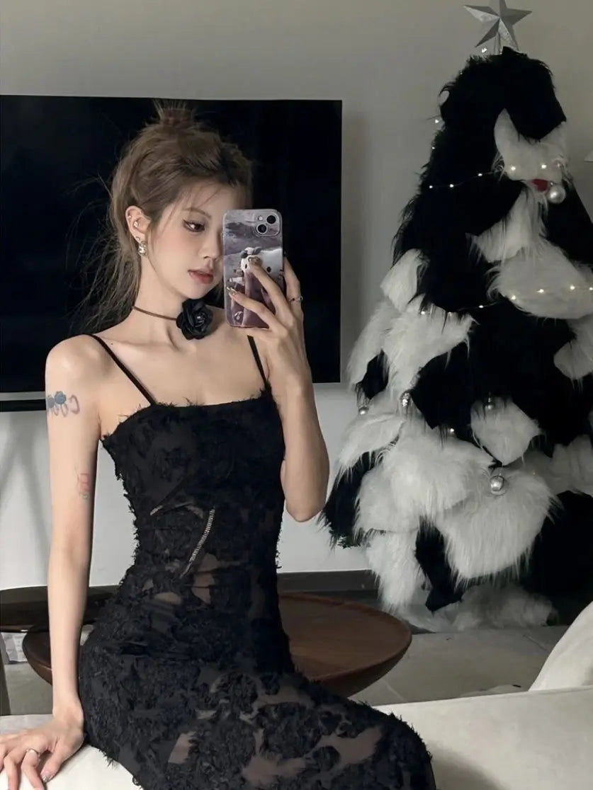 Voguable Black Party Midi Dress See-through Strap Y2k Dress FeLace Chic Korean Slim Vintage Dress New