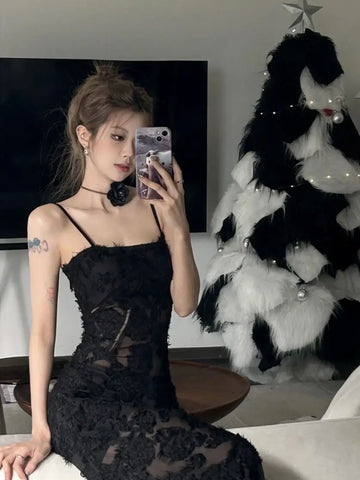 Voguable Black Party Midi Dress See-through Strap Y2k Dress FeLace Chic Korean Slim Vintage Dress New