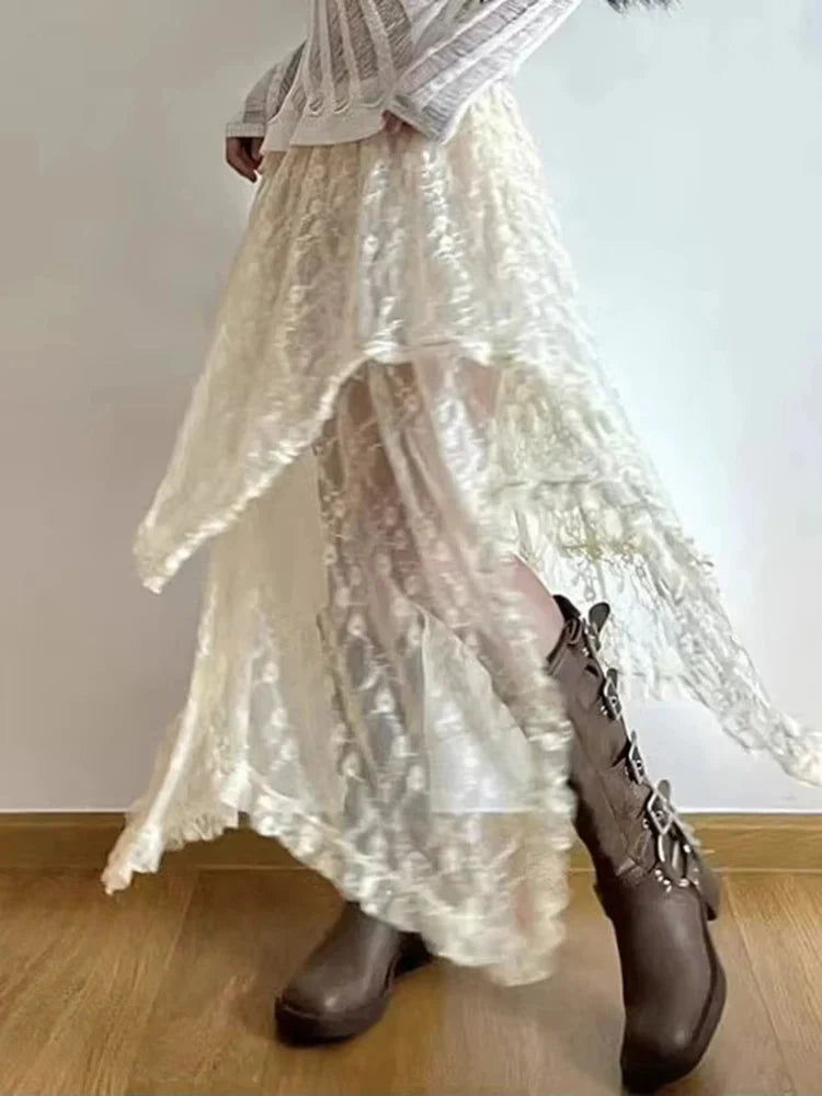 Asymmetrical Lace Skirt Vintage Y2K Aesthetic High Waist Mid Skirts Ladies Holiday Outfits New