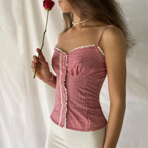 y2k Tops for Plaid Print Lace Trim Spaghetti Strap Sleeveless Single Breasted Camisole Sweet Coquette Clothing