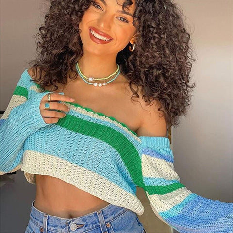 Voguable Knitted Y2K Clothes Crop Top Colored Striped Off The Shoulder T shirts Long Sleeve Trendy Short WoTops