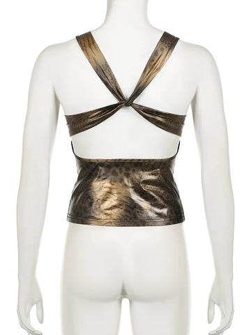 Voguable Vintage Leopard Print Camisole Y2K Aesthetic Sleeveless Crop Tops Coquette Tank Top Harajuku