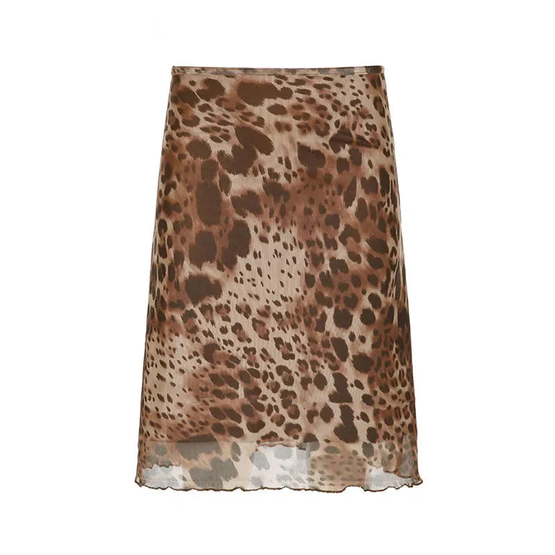 Vintage y2k Leopard Print Midi Skirt Low Rise Patchwork Straight Long Skirts 2000s Aesthetic Ladies Clothing Casual