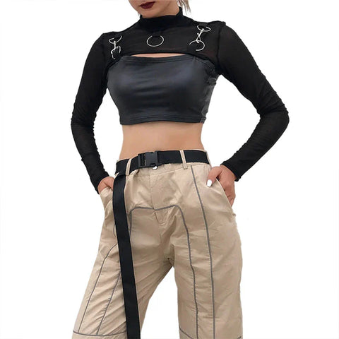 y2k Crop Top Gothic Clothing See Through High Neck Long Sleeve Mesh T Shirt Fairy Grunge Clothes 2000s Streetwear