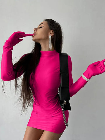 Solid Long Sleeve With Gloves Mini Dress Bodycon Streetwear Party Half Turtleneck Outfits Y2K Clothes Wholesale