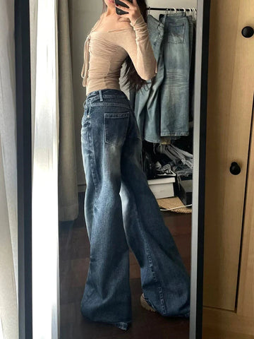 Voguable Y2k Vintage Wide Leg Jeans for Washed Casual High Waist Loose Denim Pants Streetwear Korean Straight Trousers