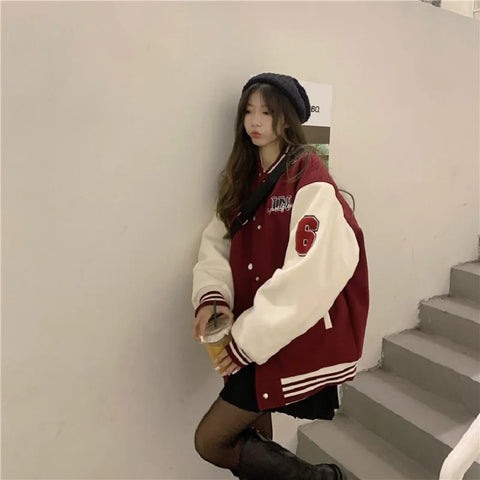 Y2k Varsity Bomber Jacket Red Brown Korean Winter Coat Vintage Baseball Jackets Hip Hop Streetwear Outerwear Tide
