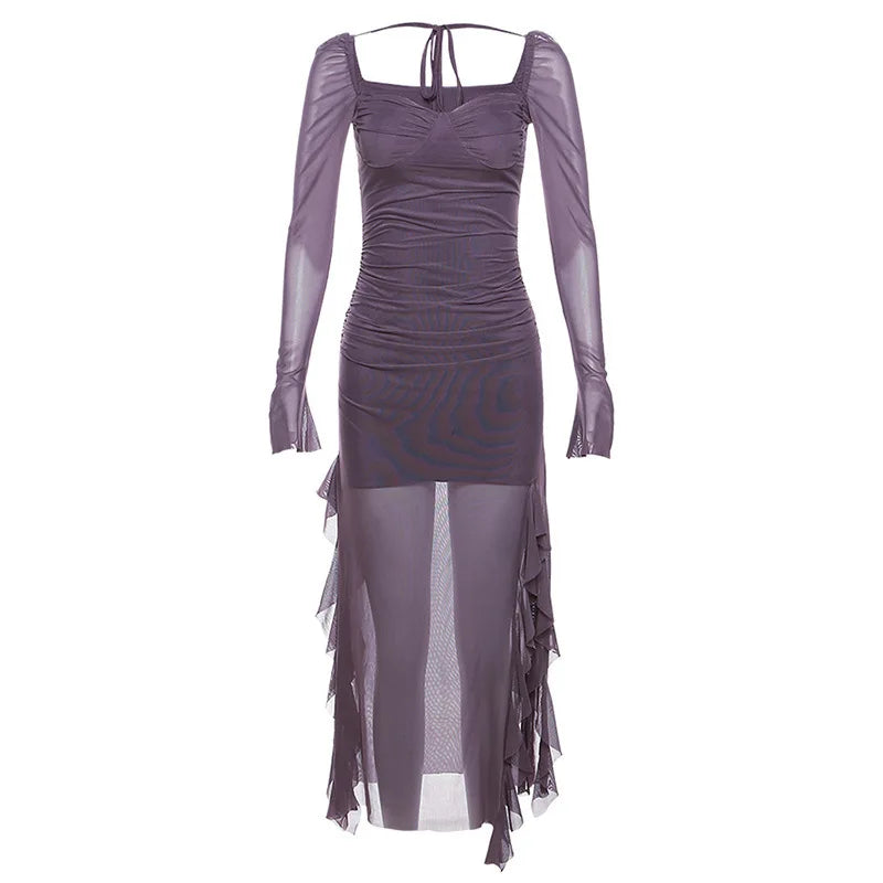 Y2k Gentle Temperament Ruffled Square Collar Slit Dress FeCross-Border Solid Color Long Sleeve Strap Wrapped Hip Long Dress