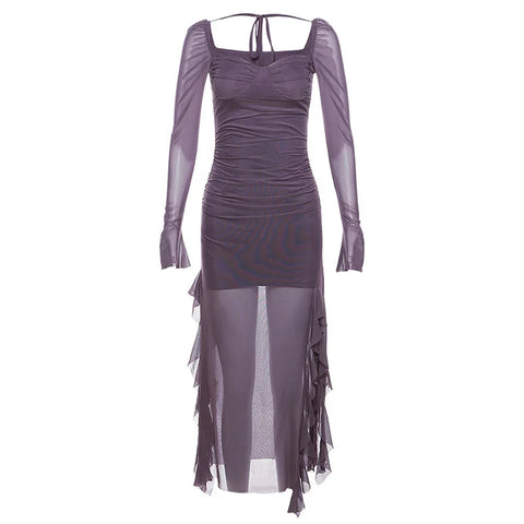 Y2k Gentle Temperament Ruffled Square Collar Slit Dress FeCross-Border Solid Color Long Sleeve Strap Wrapped Hip Long Dress