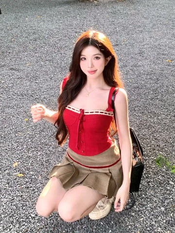 Voguable Harajuku 2000s Aesthetic Outfits 2 Piece Skirt Set Gyaru Off Shoulder Red Tank Top + Japanese Vintage Pleated Skirt Coquette Y2K