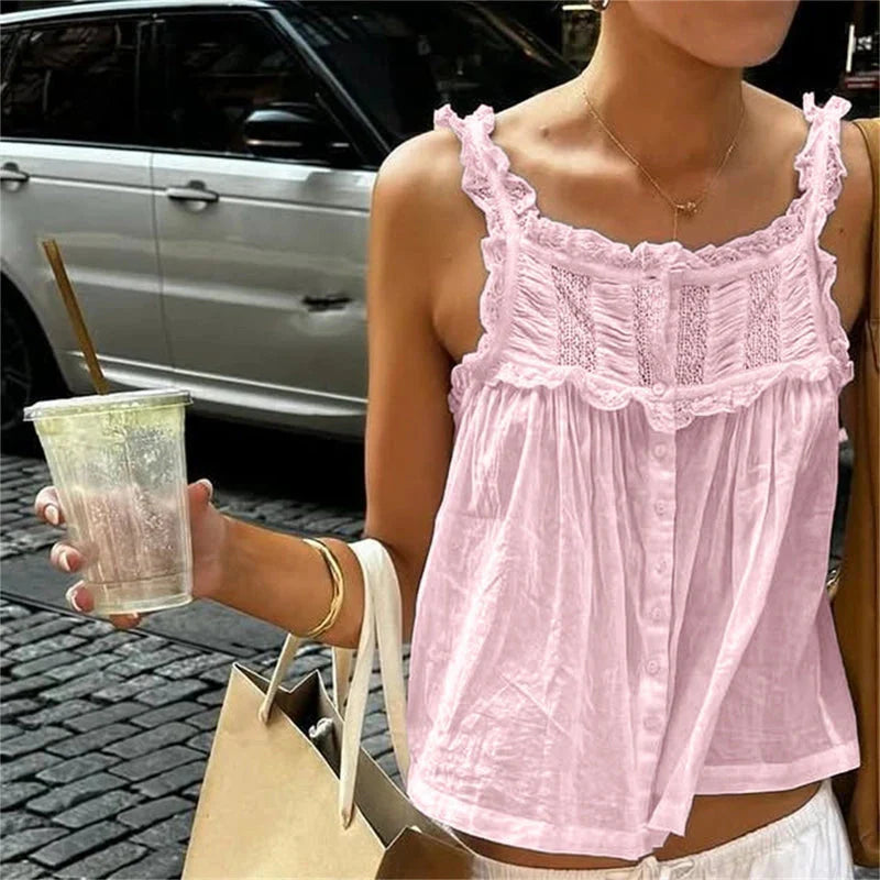 Y2k Lace Ruffle Trim Tank Top Fairycore Sheer Button Front Scoop Neck Camisole Cute Going Out Crop Tops Boho Vest