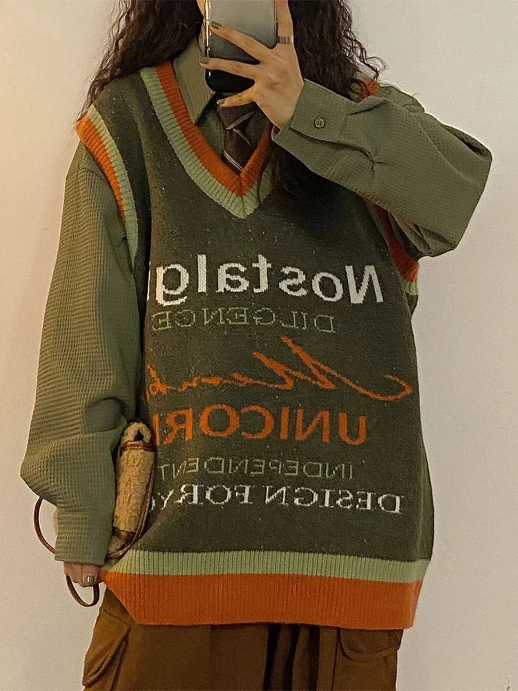 Voguable Vintage Harajuku Letter Knitted Vest Preppy Style Loose Bf Y2K Tops Japan Loose All Match V Neck Casual Sweater Vest