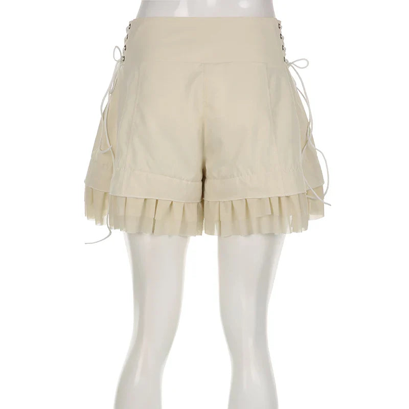 Voguable  Sweet Mesh Tiered Ruffle Shorts Skirts Khaki Wide Form Side Bandage Cute Pants Lolita Style Soft Girls Shorts Y2K
