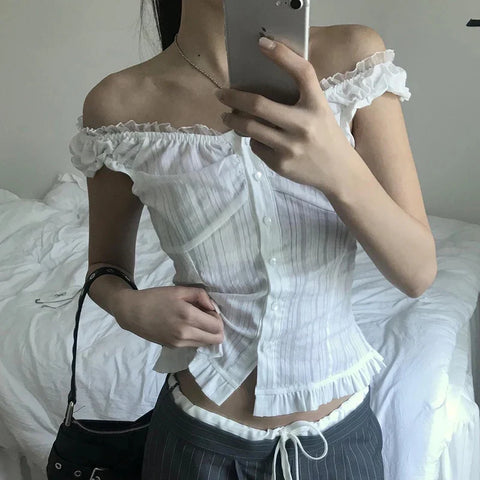 Voguable French Style Button-up Tank Top Chic Elegant Ruched Lace Stitching Slash Neck Camisole Cute Slim-fit Vest Y2K