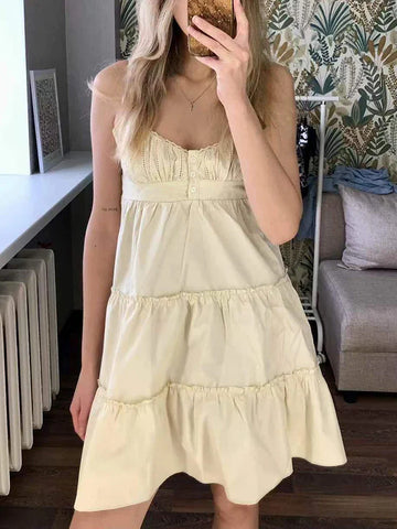 Voguable  Vintage Girls y2k Sweet Cascading Yellow Dress Ladies Soft Cotton Cute Midi Dresses for Chic Outfits